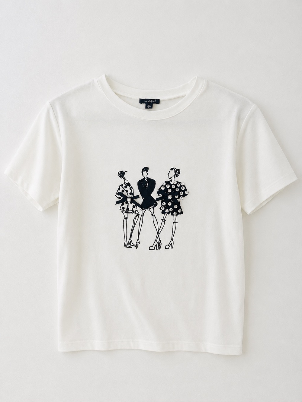White Graphic Embellished Tee with Fashion Illustration, NWT